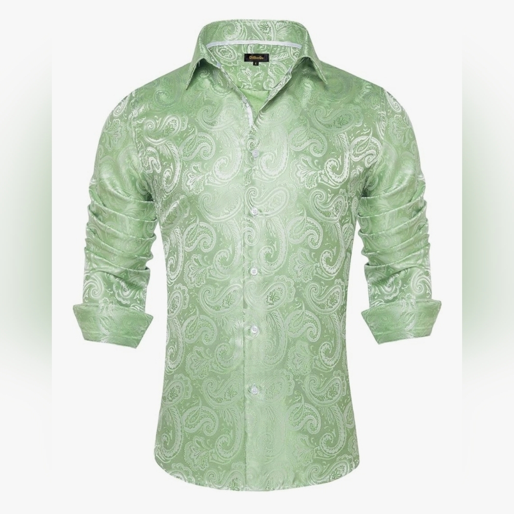 Dibangu Men's Light Green Paisley Long Sleeve Button Down Dress Shirt